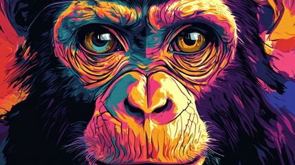 A vibrant and colorful illustration of a chimpanzee, showcasing expressive eyes and intricate facial features.