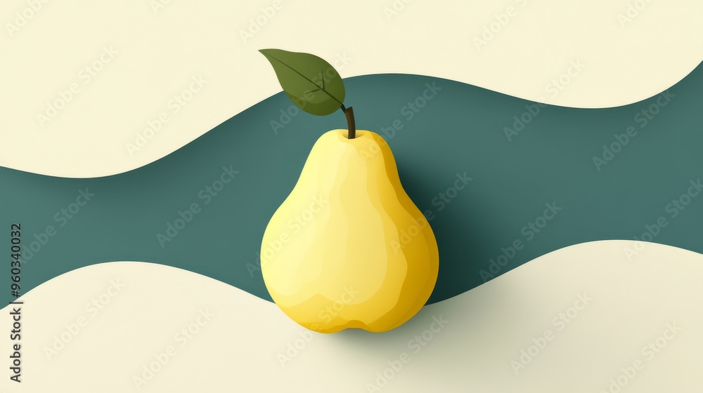 Poster a minimalistic design featuring yellow pear with green leaf, set against soft background. smooth cur