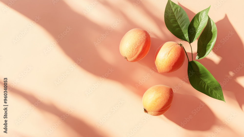 Poster fresh peaches with vibrant colors and soft shadows create minimalistic composition. leaves add touch