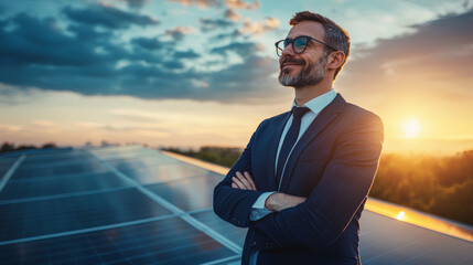 A confident man stands proudly on rooftop with solar panels, enjoying sunset.