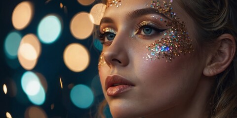 Obraz premium Close up of Young Girls Face with Glitter Makeup and Festive Lights.
