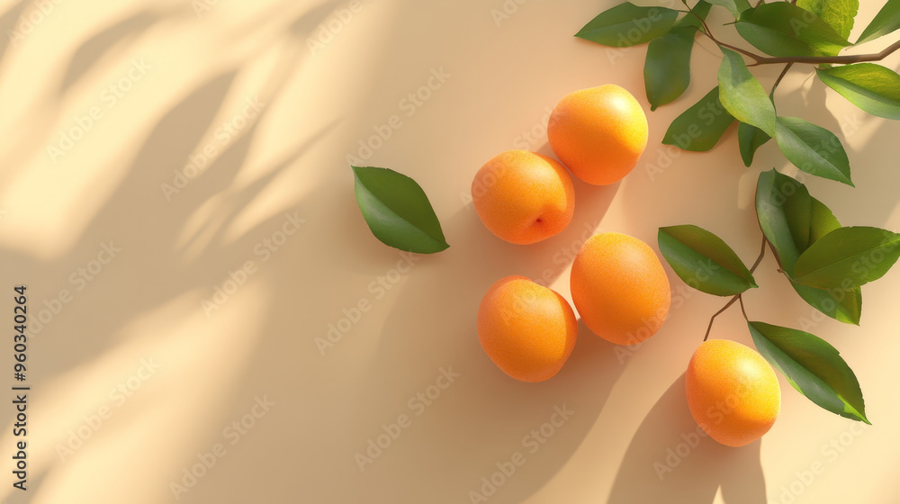 Poster Fresh apricots with green leaves casting soft shadows on light background create minimal and serene composition.