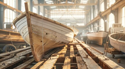 unfinished wooden boat frame in shipyard workshop boat building process realistic 3d illustration