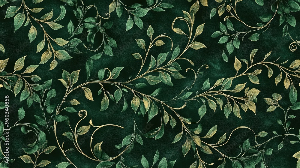 Poster seamless digital rendering of a luxurious silk pattern featuring intricate vine and leaf designs in 