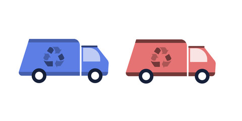 trash can, recycle bin and garbage truck vector icon set. garbage removal icons with recycle signs isolated on white background