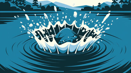 An illustration of a large splash made by a rock being thrown into a calm lake. The splash is circular and has a frothy white edge. The rock is visible at the center of the splash.