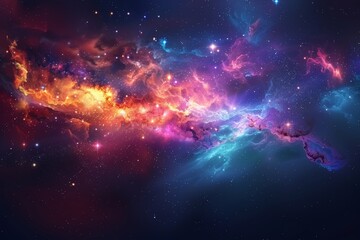 Fototapeta premium A vibrant and colorful nebula filled with pink and purple hues, glowing stars, and swirling clouds of cosmic dust.