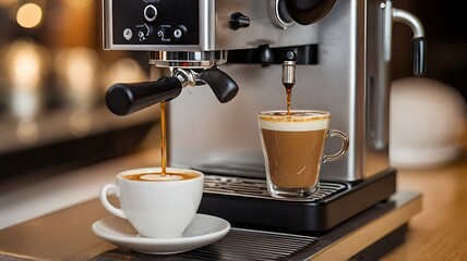 A freshly made cup of coffee is  preparing by  espresso machine