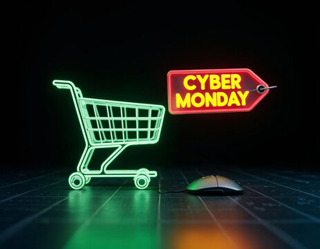 futuristic cyber monday shopping cart and neon sign with a computer mouse on black background - Powered by Adobe