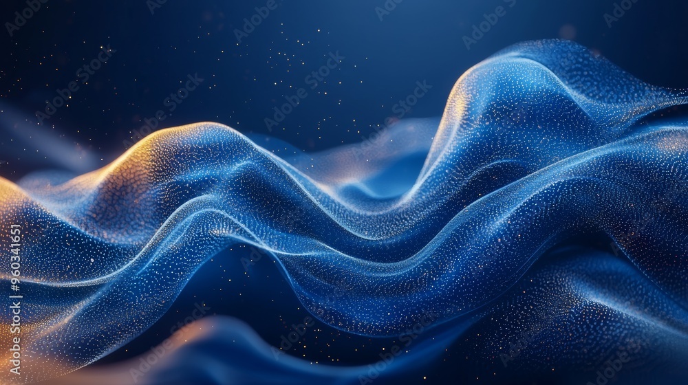 Poster abstract wave patterns in vibrant blue with golden highlights creating a serene and dynamic visual e
