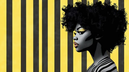 Stylish Black woman with voluminous curly hair, profile view against a vibrant yellow and black striped background.