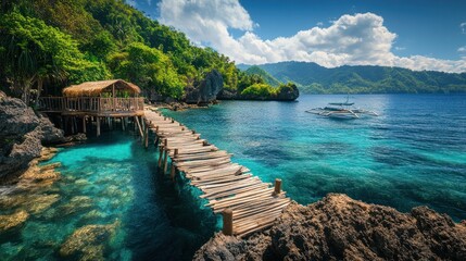 Scenic tropical pier extending into turquoise waters on a sunny day.