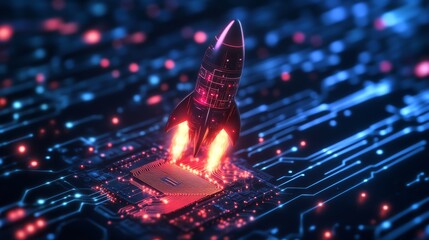 A high-tech scene featuring a digital rocket launching from a sophisticated AI chip, the rocket's body adorned with glowing circuit patterns and trailing bright, dynamic light effects, the chip itself