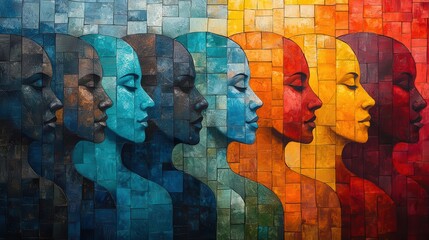 diverse faces mosaic vibrant illustration featuring a multitude of stylized human faces in various hues arranged in a geometric pattern celebrates unity diversity and individuality