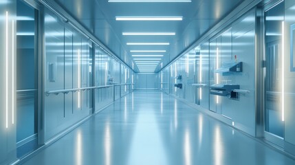 A futuristic corridor with sleek, metallic walls and bright LED lighting, creating a sterile and high-tech atmosphere.