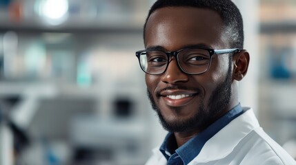 Obraz premium Smiling male scientist in a lab coat, showcasing confidence and professionalism in a modern laboratory setting.
