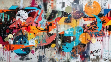 Fototapeta premium urban art explosion featuring a collage of vibrant graffiti styles spray paint textures and street art motifs covering concrete walls celebrating diversity in urban expression