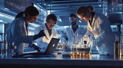 Diverse team of scientists collaborating in a modern laboratory, focused on experiments under ambient lighting.