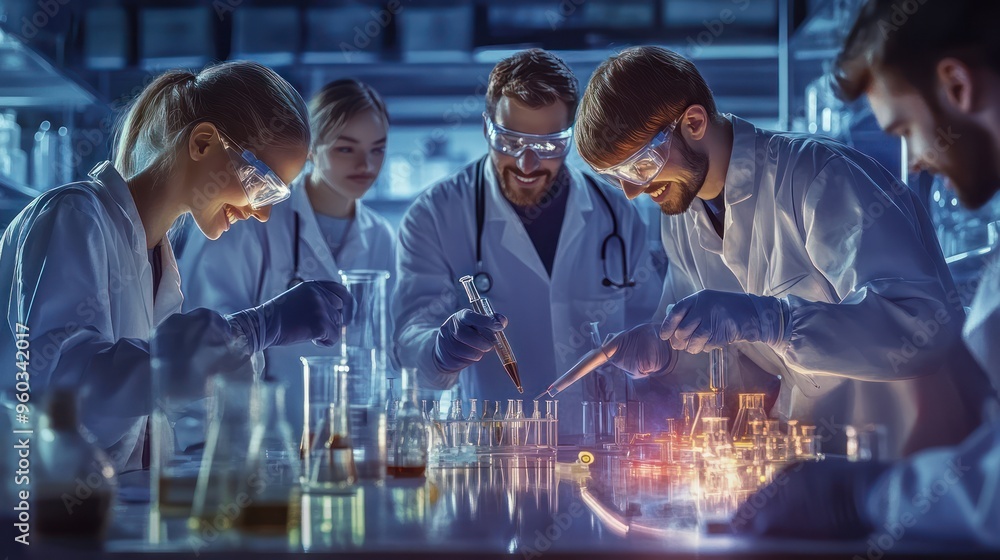 Aufkleber diverse group of scientists collaborating in a laboratory, analyzing results with enthusiasm and tea