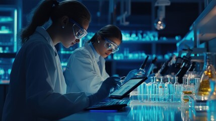 Two female scientists, one of Caucasian descent and one of Asian descent, work diligently with tablets in a high-tech laboratory.