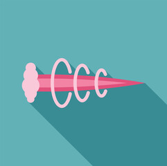 Pink laser beam is shooting through air leaving a smoke trail of perfect circles on a blue background