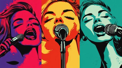 Vibrant pop art featuring a female singer passionately belting into a microphone, showcasing dynamic colors and expressive emotions.