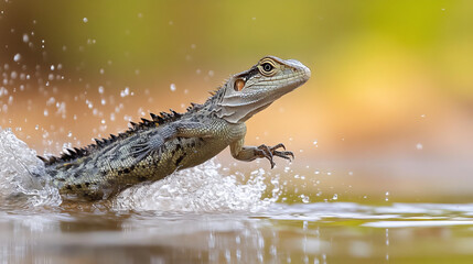 Fototapeta premium Lizard Jumping in Water Splash - Wildlife Photography