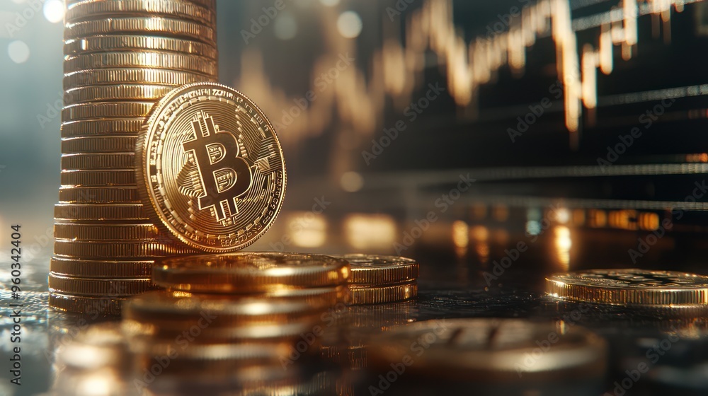Poster a close-up view of shining gold bitcoin coins stacked with charts in the background, symbolizing the