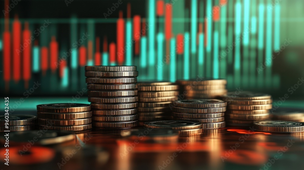 Aufkleber a close-up view of stacks of coins with a stock market graph in the background, representing financi