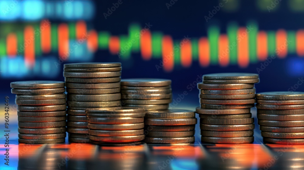 Poster stacks of coins against a colorful financial chart backdrop, representing wealth accumulation and in