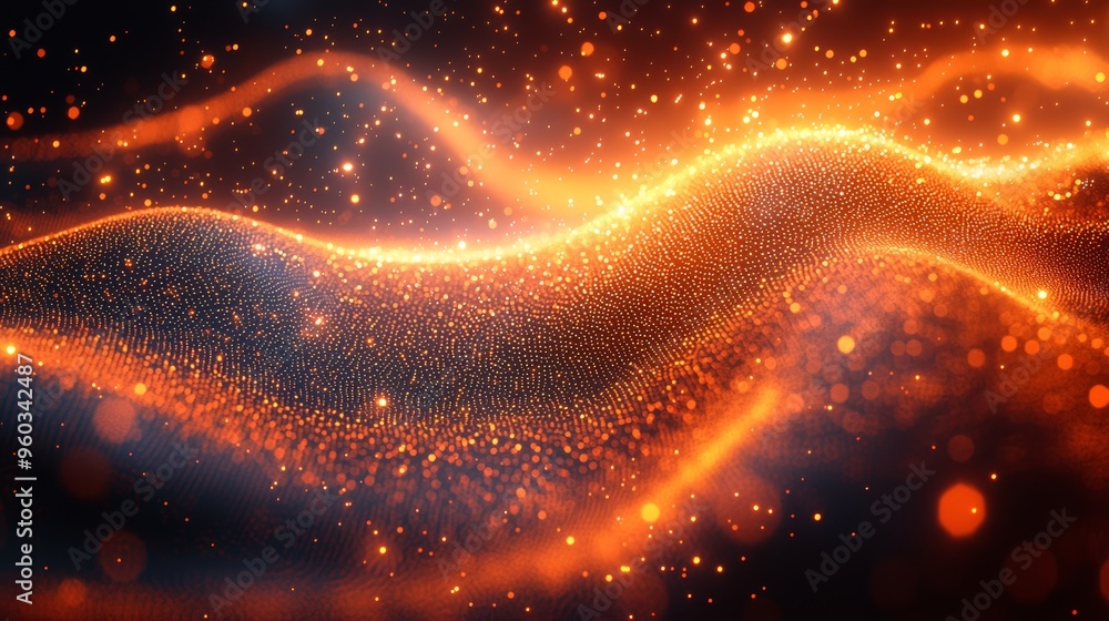 Poster a glowing wave of orange particles flowing elegantly through a dark background creating a sense of m