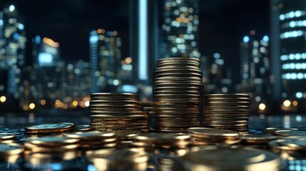 A close-up of stacks of coins reflecting city lights in a modern urban setting at night.