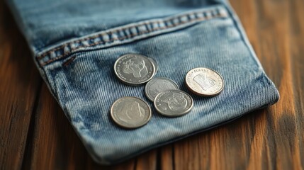 Close-up of coins resting on a denim pocket, creating a casual and rustic feel.