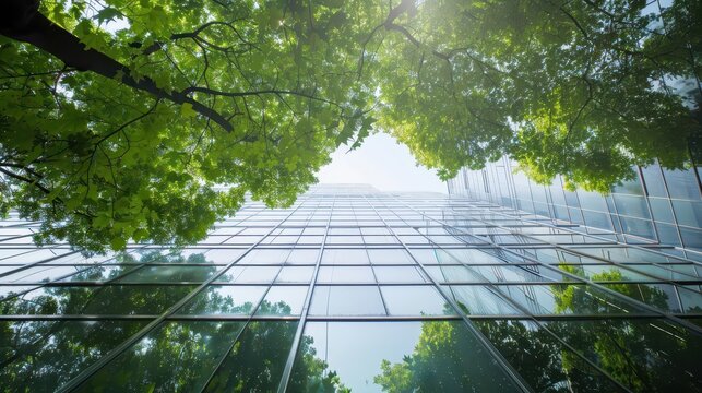 urban development meets nature glass skyscraper reflecting green tree leaves