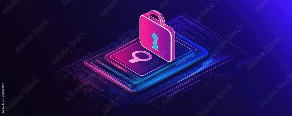Poster A vibrant digital illustration of a secure lock over a mobile device, symbolizing cybersecurity and data protection.