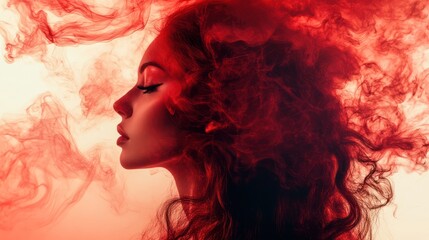 Fototapeta premium Elegant female silhouette with flowing red smoke, conveying a mystical and passionate mood.