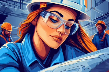 A cartoon illustration of a woman engineer, architect working on project, in a helmet, vector style