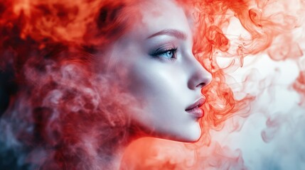 Fototapeta premium A striking profile of a young Caucasian woman surrounded by swirling red and orange smoke, creating a dramatic and ethereal atmosphere.