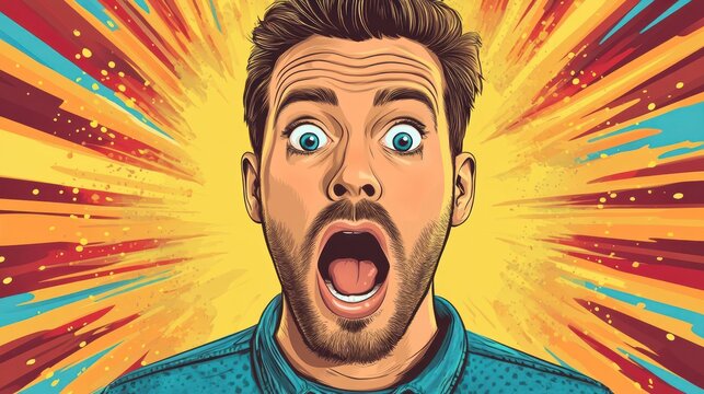 A surprised Caucasian man with a beard and vibrant blue eyes reacts dramatically with an open mouth against a colorful burst background.