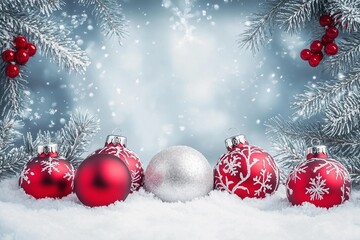 Merry Christmas card. Red christmas balls and baubles on the snow with fir branches.