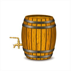 Alcohol barrel, wooden barrel with shadow. Barrel for wine, rum, beer or cognac. An old oak barrel with a tap, isolated on white background.