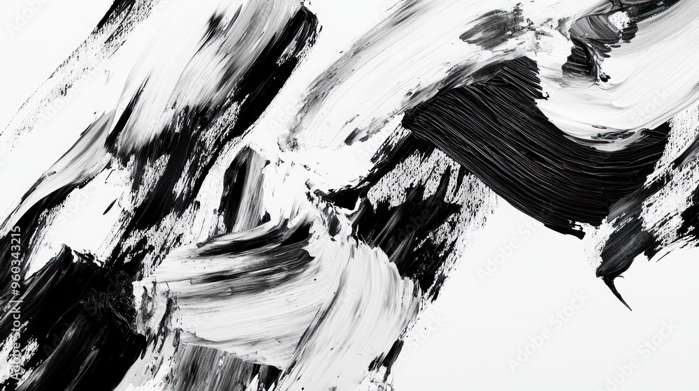 Poster abstract black and white brush strokes create a dynamic visual texture on a light background.