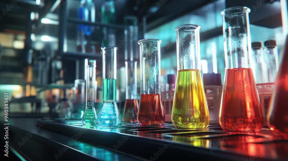 Poster a vibrant array of laboratory glassware filled with colorful liquids in a scientific setting.
