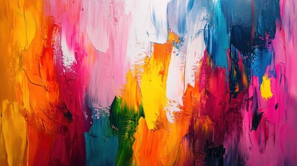 Fototapeta premium Colorful abstract painting with vibrant hues of pink, orange, blue, and yellow, creating a dynamic and energetic visual experience.