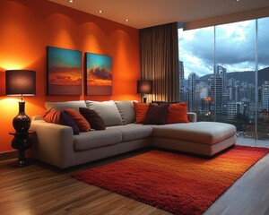 Cozy Eclectic Modern Living Room with Neutral Sofa, Vibrant Accent Wall, and Soft Lighting