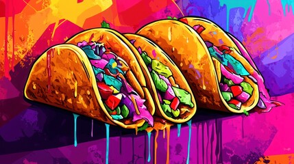 Three vibrant tacos filled with colorful vegetables against a vivid, abstract background.