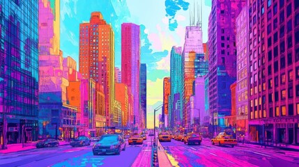 Obraz premium A vibrant cityscape depicting a bustling street filled with colorful skyscrapers under a bright blue sky.