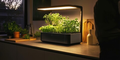 Indoor herb garden with grow lights and a countertop.
