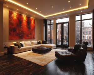 Stylish Contemporary Living Room with Dark Wood Floors, Light Walls, and Bold Decor, Illuminated by Accent Lighting