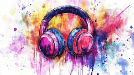 Vibrant watercolor artwork of headphones surrounded by an explosion of colorful splashes.